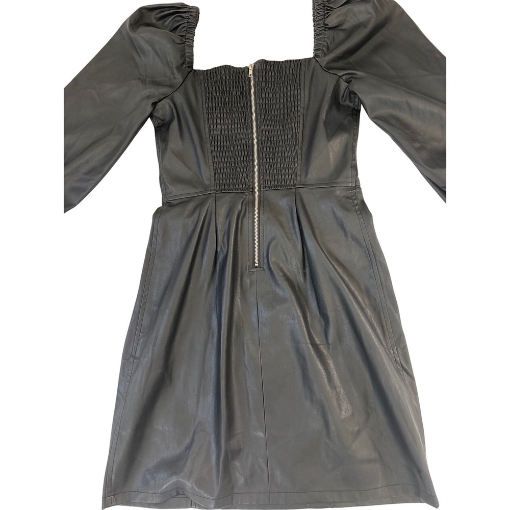 7 For All Mankind Womens Black Faux Leather Puff Sleeve Mini Dress XS Y2K 81380 - Picture 9 of 10